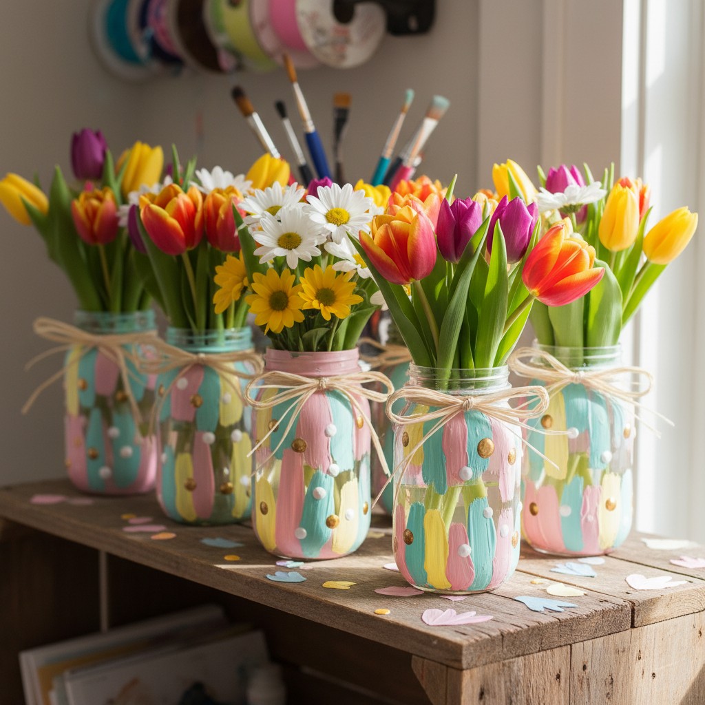 Mason jars with multicolored paint jobs and matching bouquets of tulips and daisies in them sitting on wooden table next t...